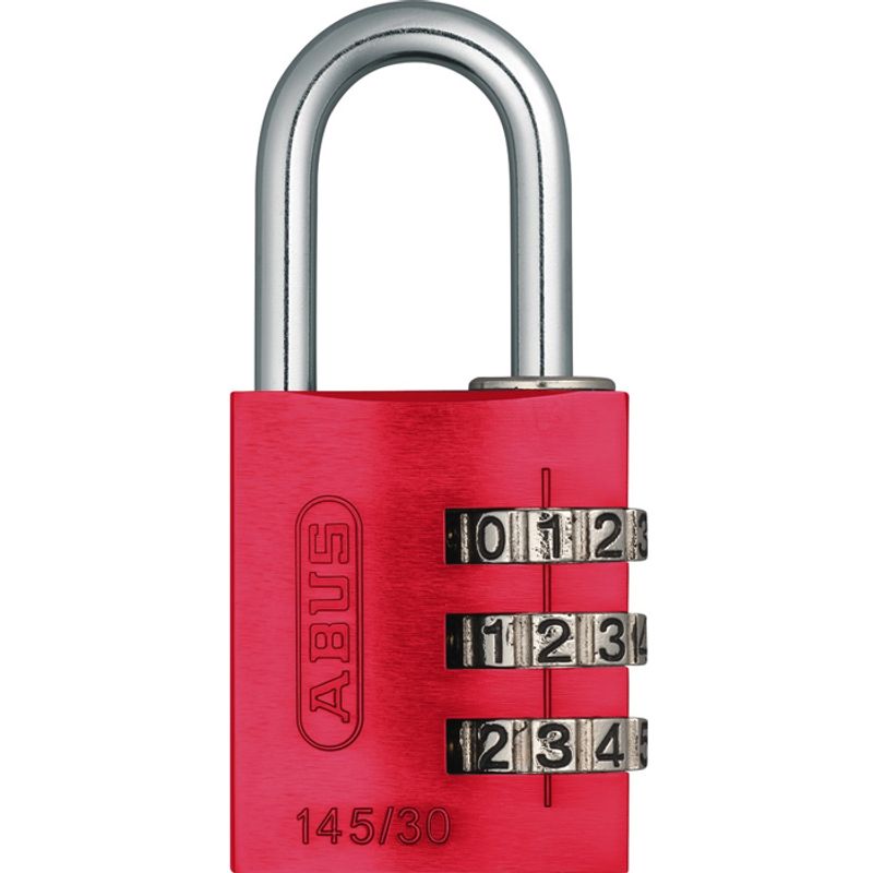 Kodehengelås 145/30 m/3 kodehjul rød aluminium
